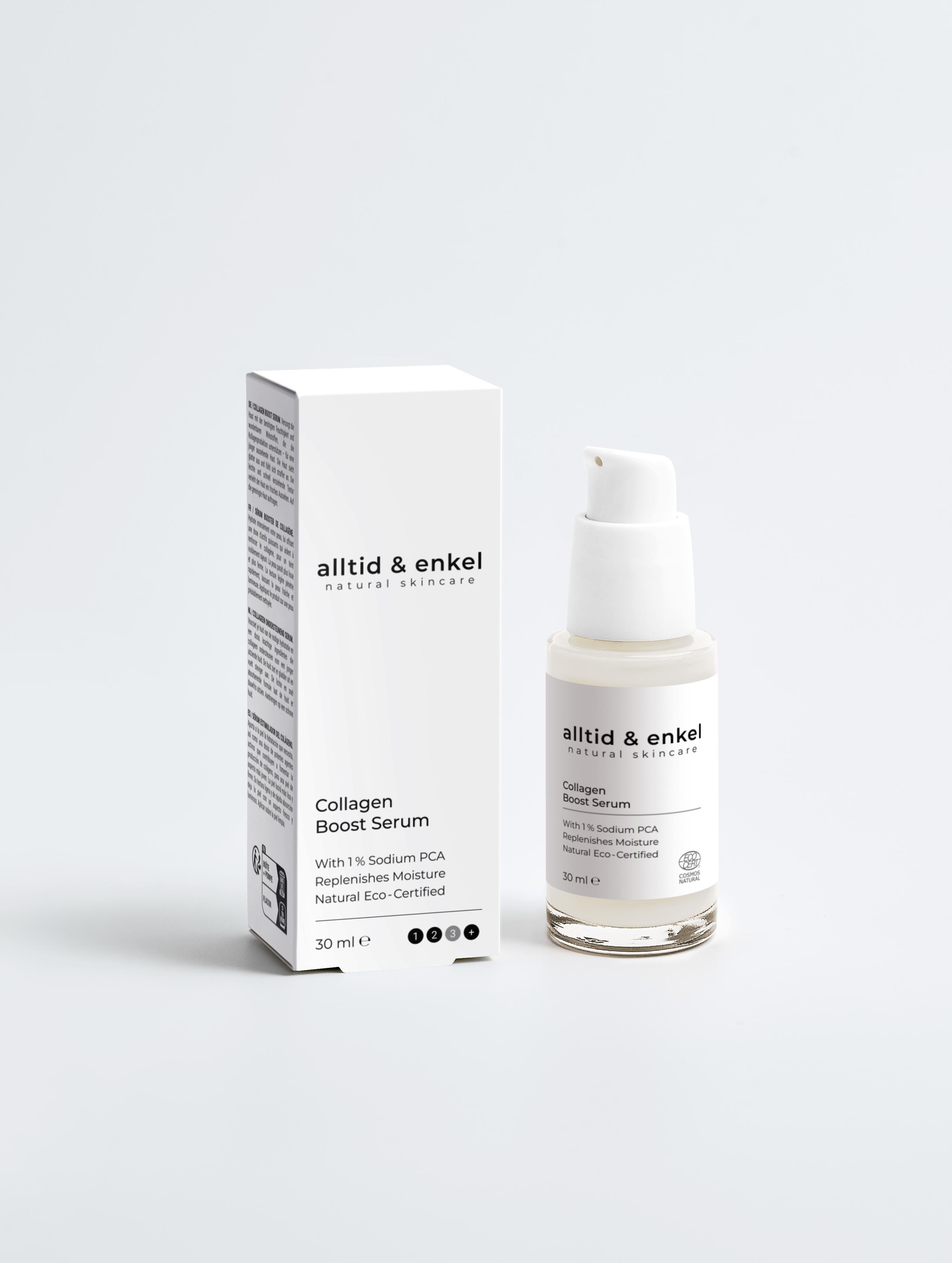 Collagen boost serum in a sleek white bottle with box on a white background, 30 ml.